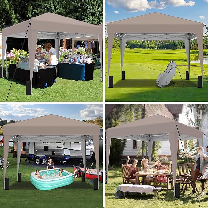 SANWAY 10x10 Pop up Canopy Tent, One-Button, Outdoor Instant Canopy Protable for Events, Camping, Parties, Vendor, Beach Tent - Beige