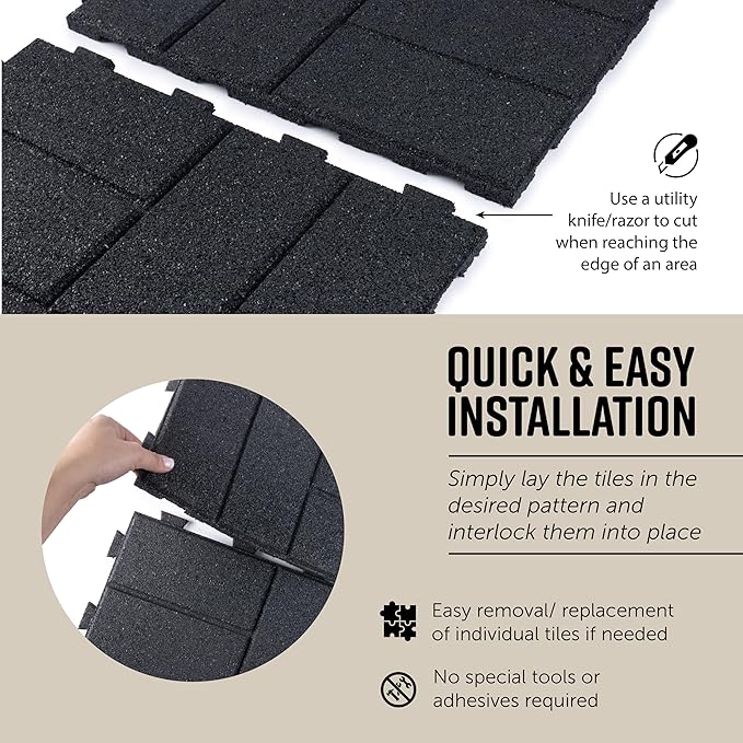 Playsafer Brick Rubber Interlocking Tiles | 16 X 16 | Easy Install for Indoor and Outdoor Use (Dark Gray, 4 Tiles)