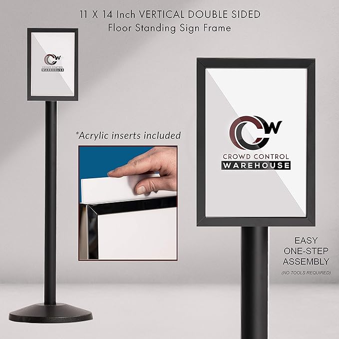 Crowd Control Warehouse Pedestal Standing Floor Sign Frame with Sloped Base, 11 x 14 Inch Vertical, Satin Stainless Steel
