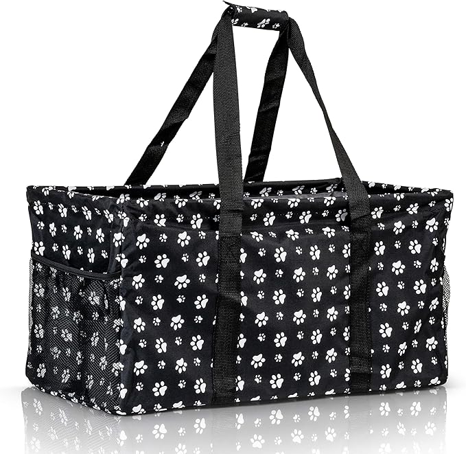 Extra Large Utility Tote Bag - Oversized Collapsible Reusable Wire Frame Rectangular Canvas Basket With Two Exterior Pockets For Beach, Pool, Laundry, Car Trunk, Storage - Dog Paw