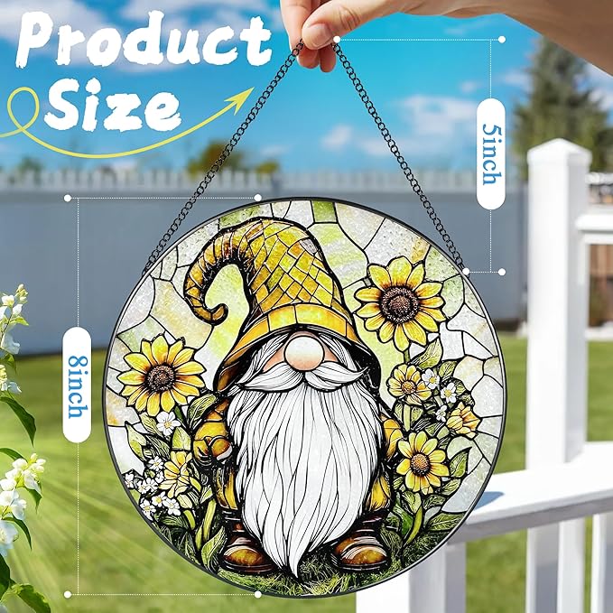 8″ Stained Glass Window Hanging Ornament, Sunflower Gnome Stained Glass Suncatcher Ornament, Sun-Catcher Window Decor | Christmas & Birthday Gifts, Festival Gifts | Gift for Her