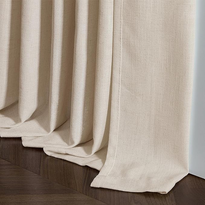 Warm Beige Linen Curtains 102 Inches Long 2 Panels for Living Room Thick Linen Flax Cloth Pinch Pleated Memory Trained Back Tab Light Filtering Semi Sheer Curtain with Hook Rings Sand Cream Neutral