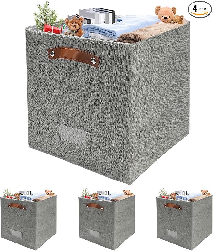 4 Pack Large Fabric Storage Bins for Shelves, Collapsible Storage Baskets with Handles for Organizing Clothes, Toys, and Household Items, Grey & White (Dark Gray, 13")