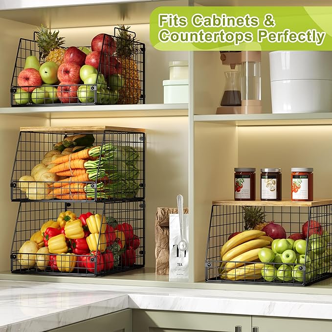 4 Pack Stackable Wire Baskets with Fixed Wooden Top, Vegetable Fruit Storage Bins for Onion Potato Snack, Pantry Baskets for Kitchen Cabinet Countertop, Pantry Organizers and Storage Rack