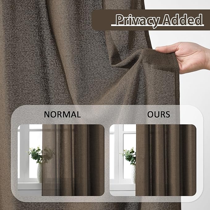 Brown Pleated Linen Curtains 92 Inches Long Farmhouse Semi Sheer Memory Trained Shape Pinch Pleat Drapes with Hooks Back Tab Ripple Fold Curtain for Bedroom Living Room 50x92