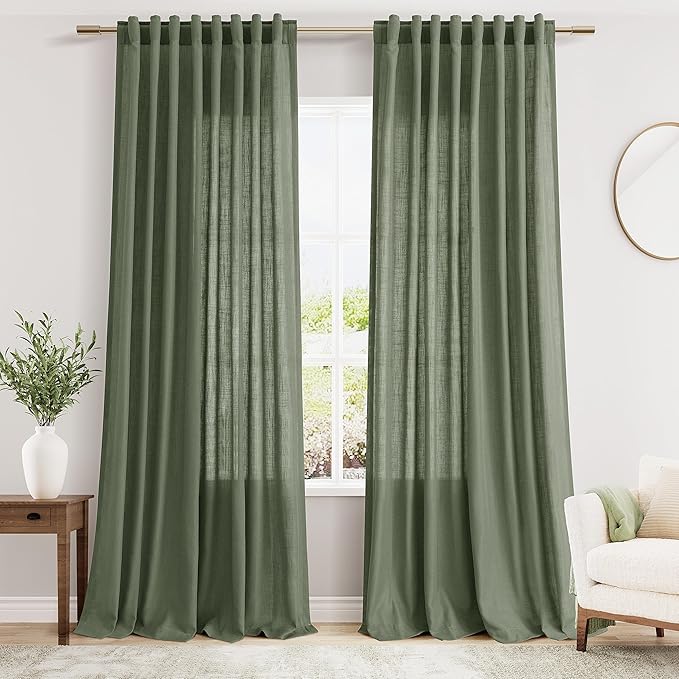 Nanspring Olive Green Linen Blend Semi Sheer Curtains 108 Inches Long x 60 Inches Wide, 2 Panel Set Back Tab Privacy Filtered and Breathable Extended Curtain for Bedroom Living Room 60x108