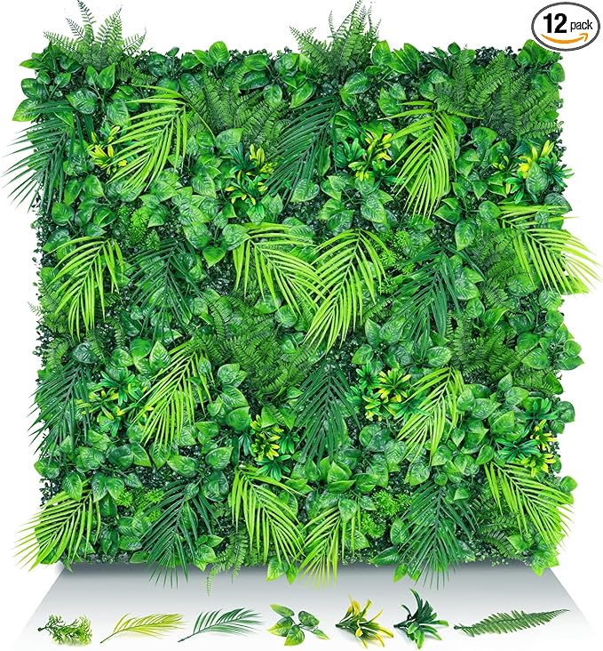Artificial Plant Wall Panels, 20"x20" 12PCS Faux Grass Backdrop with UV Resistant Fern Leaves, Green Wall Decor for Outdoor Indoor Patio Garden Backyard