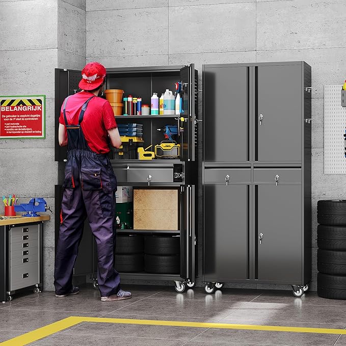 Metal Garage Storage Cabinet with 2 Drawers and 2 Adjustable Shelves, Rolling Tool Storage Cabinet with Wheels and Locking Doors for Garage, Warehouse, Black