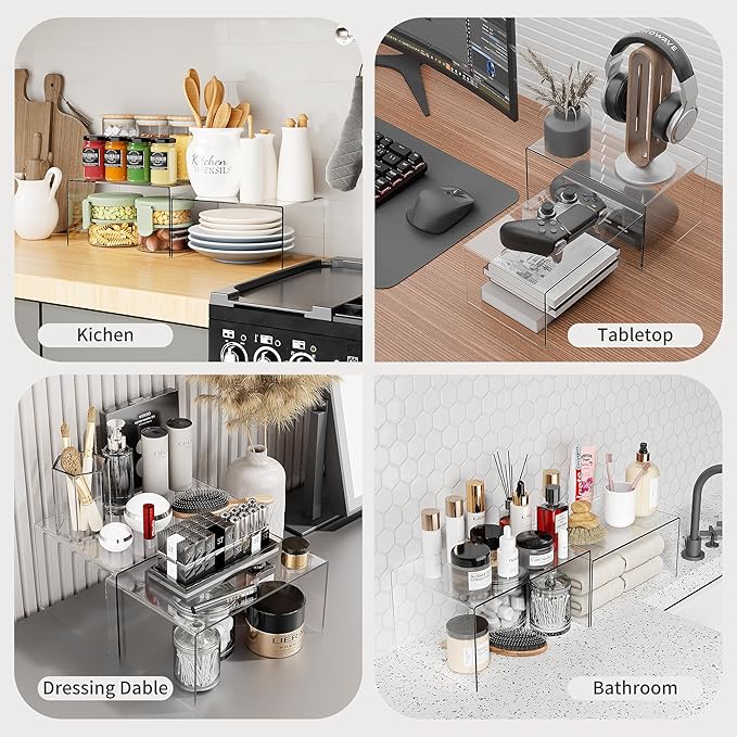 Clear Acrylic Kitchen Cabinet Risers Set of 2 - Anti-Slip Stackable Shelf Organizers, Space Saving Shelves for Counter Display & Spice Organization