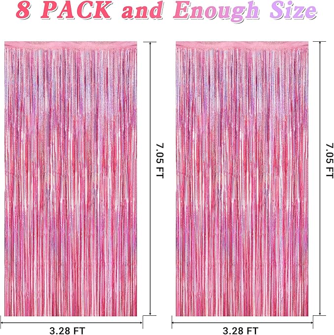 8 Pack Pink Backdrop, 3.28 FT x 7.05 FT Fringe Curtains, Metallic Glitter Pink Fringe Party Streamer Foil Curtains Tinsel Backdrop, Pink Decorations Bachelorette Valentines Day Party Supplies
