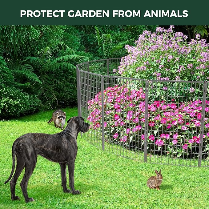 FXW Garden Fence Outdoor for The Yard – 50in(H) x 41.7ft(L) Heavy Duty Metal Animal Barrier for Dog and Rabbit, Decorative Dog Fence, 16 Panels, Silver
