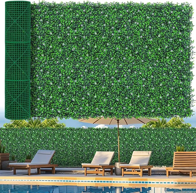 60"x 120"(50 sq.ft) Artificial Boxwood Roll Panels with Flowers, UV-Anti Faux Ivy Leaves Privacy Fence Screen, Grass Wall Roll Panels for Indoor Home Decor and Outdoor Garden Backyard