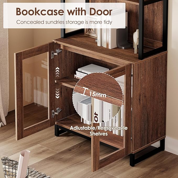 WAMPAT 2 PCS Modern 72" Tall Bookcases with Glass Doors and Adjustable Shelves, Library Book Shelf with Storage Cabinet and Open Book Shelfs, Wood Bookshelves for Home Office, Living Room, Brown