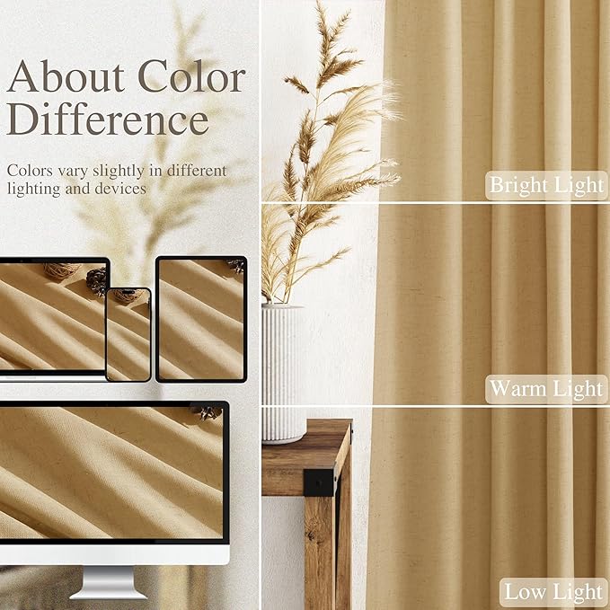 Extra Long Gold Yellow Linen Curtains 120 Inch for Living Room 2 Panels Set Rod Pocket Back Tab Linen Window Drapes Semi Sheer Light Filtering Privacy High Ceiling Drapes for Farmhouse 52x120