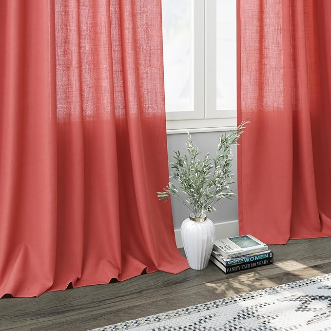 Nanspring Linen Curtains 84 Inch Length 2 Panels Set,Watermelon Red - Back Tab Rod Pocket Light Filtering Privacy Semi Sheer Textured Curtains Neutral Farmhouse Decor Curtain for Living Room Bedroom