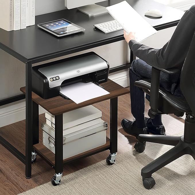 SunnyPoint 2-Tier Under Desk Printer Stand with Storage Shelf and Steel Frame, Industrial Mobile Printer Cart Holder with Lockable Improved Industrial Wheels for Home and Office