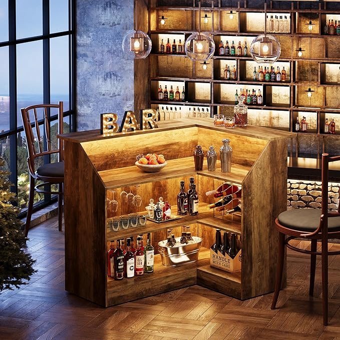 Tribesigns Bar Cabinet, L-Shaped Home Bar Table with Stemware Racks, 4-Tier Corner Bar Unit Liquor Wine Bar Table Reception Desk for Home Pub, Rustic Brown