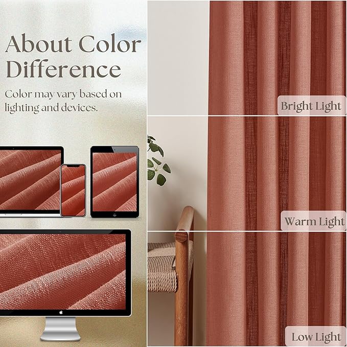 FireBrick Pleated Linen Curtains 96 Inches Long for Living Room 2 Panel Set Semi Sheer Light Filtering Pinch Pleat with Rings Hooks Drapes Farmhouse Rustic Terracotta Red Clay Curtain Bedroom Window