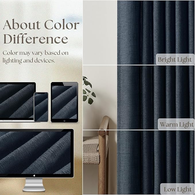 80 Inch Pinch Pleated Linen Curtains 2 Panels Set for Living Room Bedroom Boho Farmhouse Light Filter Navy Blue Indigo Semi Sheer Back Tab Pinch Pleat with Hooks Rings Window Curtain 80 Inches Long
