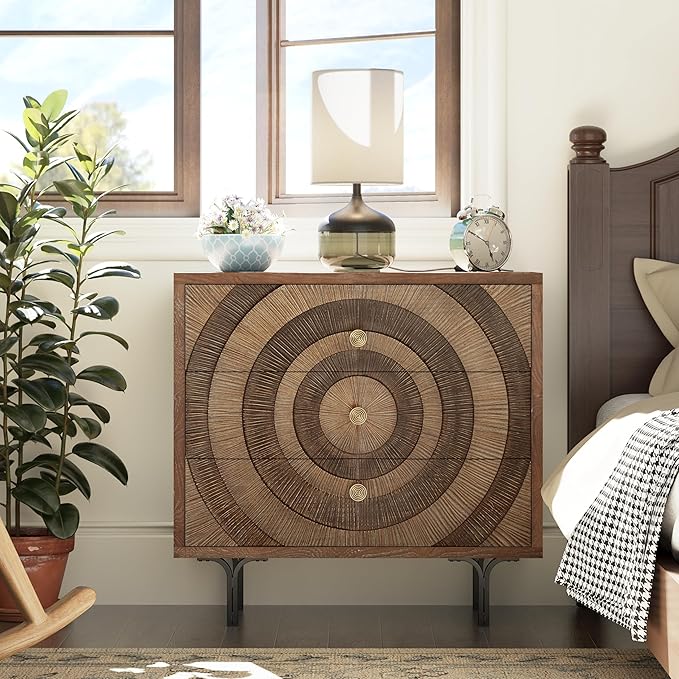 Farmhouse 3-Drawer Dresser, Accent Wooden Chest of Drawers with Circle Pattern and Radioactive Wood Lines, Accent Storage Dresser for Living Room, Bedroom, Natural Wood Color