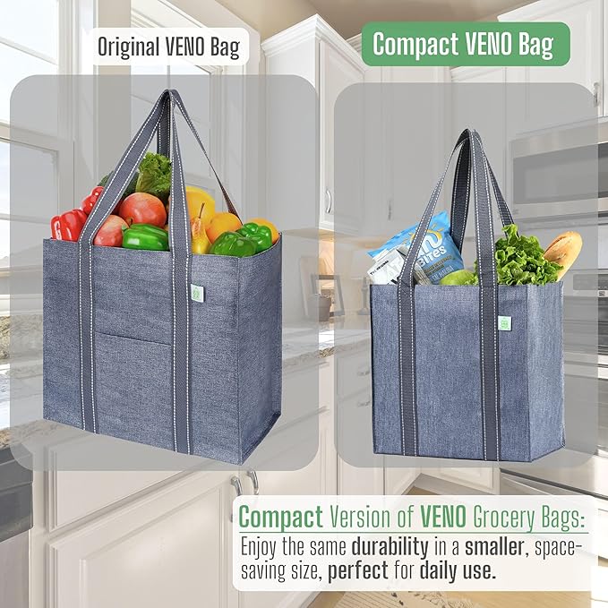VENO 2-4 Pack Reusable Grocery shopping Bags, Small Tote Bag w/Handle Hard Bottom, Heavy Duty, Foldable Carrier