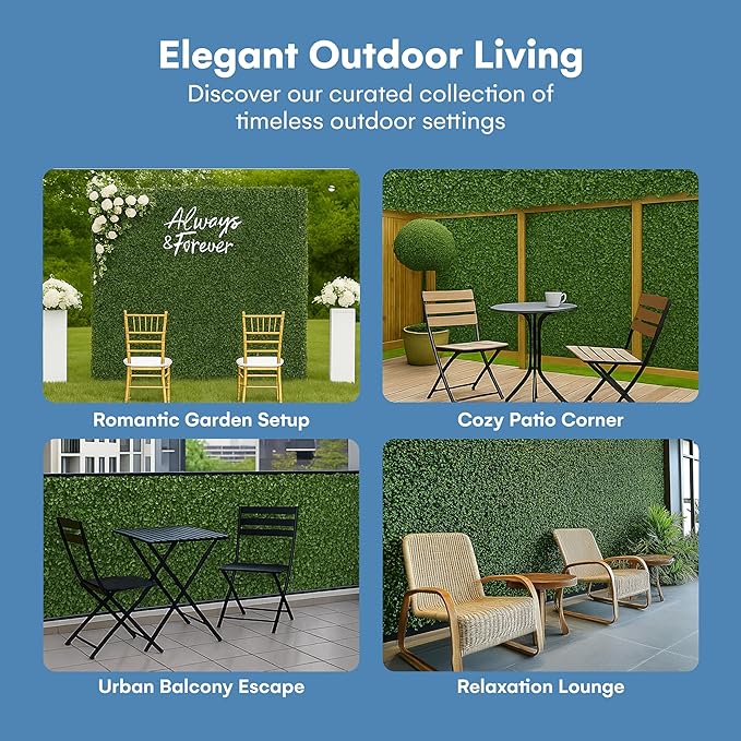 Grass Wall Panels 20″ × 20″ (24 Pack) – UV-Protected Artificial Boxwood Hedge Greenery Backdrop Covers 66 sq ft, Indoor/Outdoor Privacy Fence Screen, Zip Ties & Spare Leaves Included