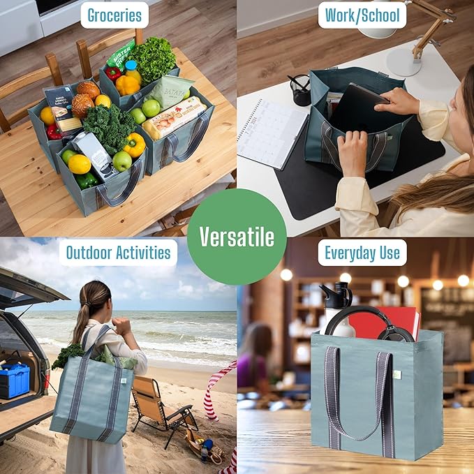 VENO 2-4 Pack Reusable Grocery shopping Bags, Small Tote Bag w/Handle Hard Bottom, Heavy Duty, Foldable Carrier