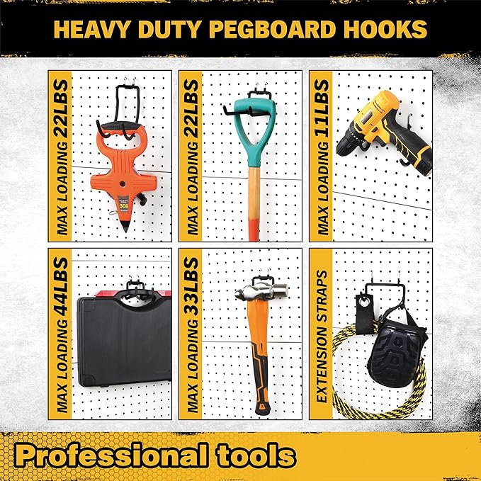 ELEAD 12-Piece Pegboard Hooks with Extension Straps, Heavy Duty Organizer Pegboard Accessories Fit for 1/4" Pegboard, Peg Board Tool Utility Hangers for Power Tool, Drill, Bag, Cord