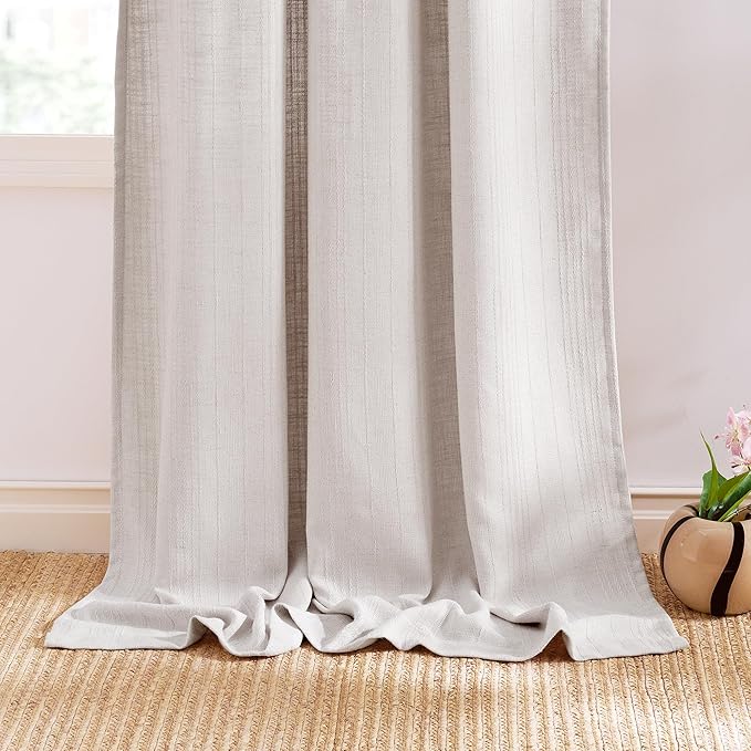 NICETOWN Boho Linen Curtains Jacquard Waffle Weave Pattern, Window Treatments Privacy with Light Filtering Drapes for Living Room, Angora, W52 x L96, 2 Panels