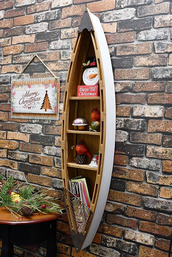 Aecipl Solid Wood Boat Shelf Decorative Nautical Wall Decor Beach Themed Bookcase Large Wooden 3-Tier Display Shelves for Home Kitchen Bedroom Living Room (47" H)