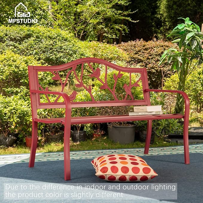 MFSTUDIO 50" Outdoor Red Garden Bench, Steel Metal Frame Patio Park Bench with Bird Pattern Backrest for Porch Backyard Lawn