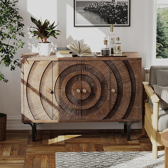 Farmhouse 4-Door Storage Cabinet, Accent Sideboard Buffet Cabinet with Circle Pattern and Radioactive Wood Lines, for Living Room, Dining Room, Bedroom, Brown