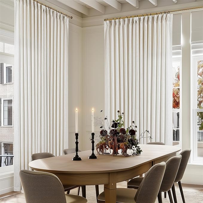 Extra Wide Linen Pinch Pleated Curtains 84 Inches Long 100 Inch Wide Patio Sliding Door Curtains Light Filtering Semi Sheer Pinch Pleat Drapes Cream Ivory Boho 100 x 84 Drapes for Living Dining Room