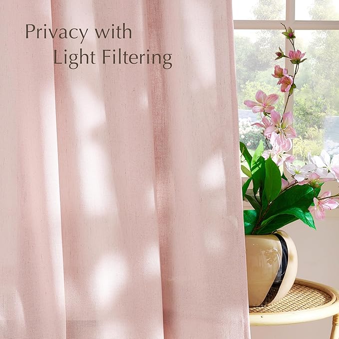 NICETOWN Thick Linen Blend Light Pink Sheer Curtains for Girls Room, Pleat Tape Semi Sheer Privacy Added with Light Filtering Window Treatments for Bedroom/Living Room, W52 x L95, 2 Panels