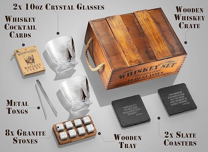 Mixology & Craft Premium Whiskey Set | Two 10oz Cystal Old-Fashioned Glasses, 8 Granite Chilling Stones, Metal Tongs, Recipe Cards in Rustic Wooden Crate Gift Set | Jameson Whiskey