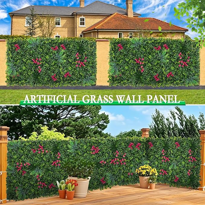 Artificial Boxwood Wall Panels, 20''x20'' 6pcs Grass Wall Panels with Mint Plant Leaves, Greenery Backdrop Privacy Screen with UV Protection, Green Grass Wall for Garden Indoor Outdoor Decor