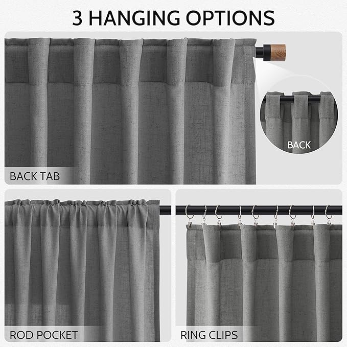 Nanspring Blazer Grey Curtain SheerLinen Blend Light Filtering Back Tab Curtains 102 Inches Long, Semi Sheer Privacy Drapes for Living Room & Bedroom, 52x102 inch, 2 Panels