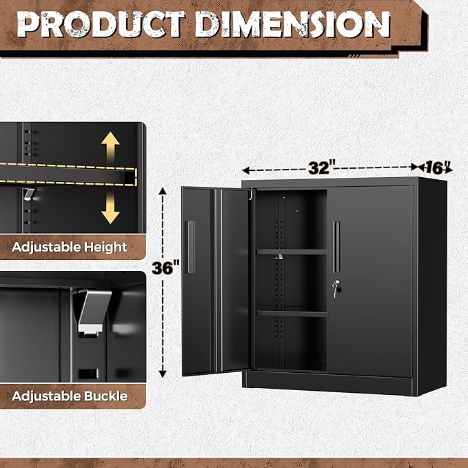 INTERGREAT Metal Garage Storage Cabinet, 36" Lockable Storage Cabinet with 2 Doors and 2 Adjustable Shelves, Steel Black File Cabinet Great for Home Office, Garage, Warehouse, Study Room