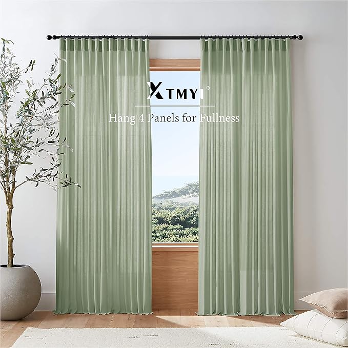 XTMYI 70 Inches Wide Sage Green 96 Inches Long Country Curtains for Living Room,Sheer Linen Curtains for Bedroom