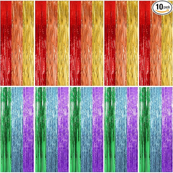 10 Pack Rainbow Party Backdrop Streamers Decorations Colorful Foil Fringe Curtains Metallic Tinsel Backdrop for Birthday First Day of School Engagement Baby Shower Christmas Holiday Party Decor