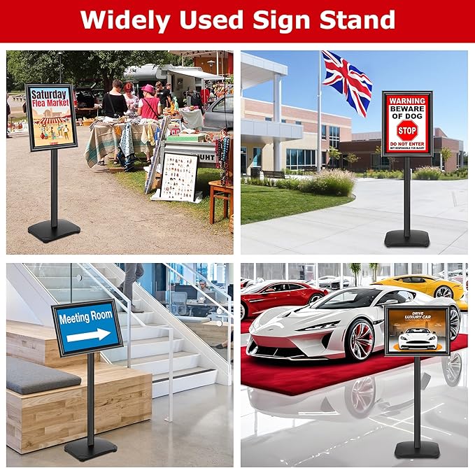 Heavy Duty Sign Holder Stand 11x17 Inch - Pedestal Floor Standing Sign Holder with Weighted Base - Vertical & Horizontal Poster/Menu Stand for Indoor/Outdoor Business Store Advertising, Black
