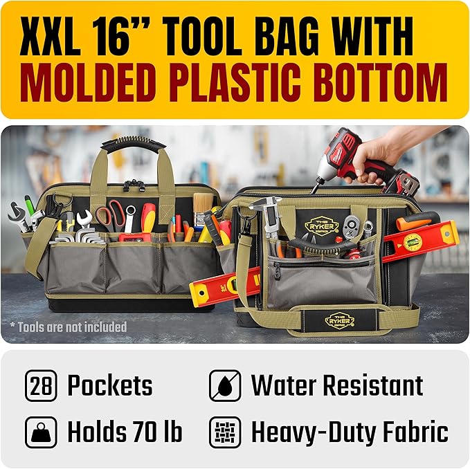 The Ryker 16-inch Large Tool Bag Heavy Duty Tool Bag Organizer for Men/Women 28pockets Portable Utility Bags for Tools - Toolbag Organizers Electrician Tools Bags for men Heavy Duty