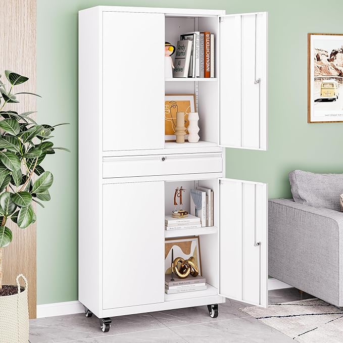 73" Metal Garage Storage Cabinet with Wheels， Rolling Tool Storage with Locking Doors， Adjustable Shelves and Drawer, Heavy Duty Steel Tool Cabinet for Garage, Warehouse, School(White)