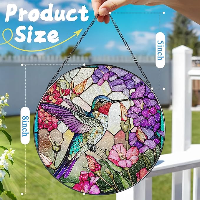 8 Inch Stained Glass Suncatcher Ornament, DOUHASU Hummingbird Sun Catchers Indoor Window, Stained Glass Window Hanging, Home Decor, Hummingbird Lovers Gifts for Women, Mom, Friend