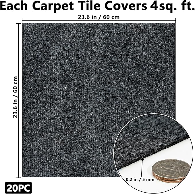 Carpet Tiles Peel and Stick, Self Adhesive Carpet Floor Tile 24" x 24", Dark Grey Soft Padded Flooring Sticker, Home Decor for Bedroom Living Room Office, 20 Tiles per Box