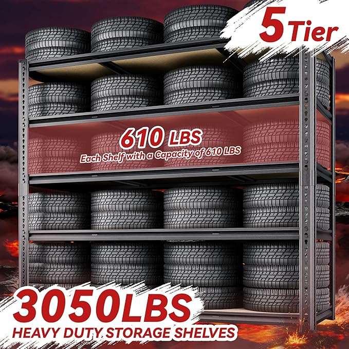 48"W Garage Shelving, 3050LBS Storage Shelves Heavy Duty, 5 Tier Metal Shelving Unit Adjustable Garage Shelves Heavy Duty Shelving for Warehouse,Commercial, Kitchen, 48" W × 24" D × 72" H, Black