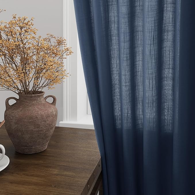 Nanspring Denim Blue Linen Curtains 96 Inches Long 2 Panels Set for Living Room Rod Pocket Back Tab Semi Sheer Light Filtering Protect Privacy Denim Blue Curtain for Bedroom Floor Length 52x96