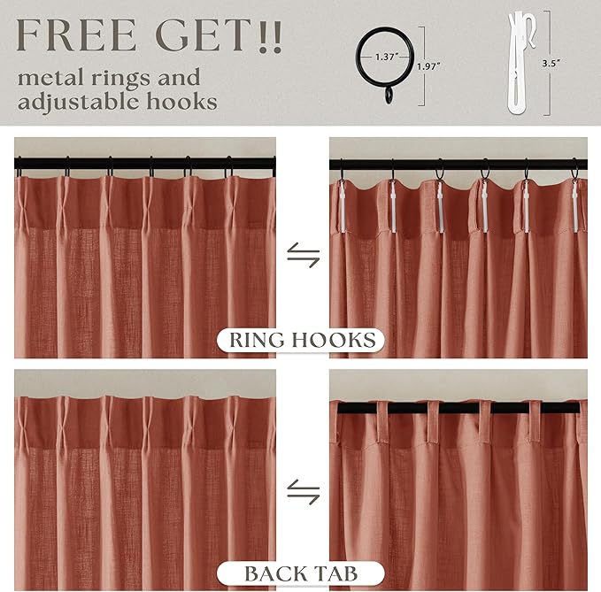 Terracotta Pinch Pleated Linen Curtains 45 Inch Length 2 Panels Set for Bedroom Dining Room Kitchen Semi Sheer Linen Boho Farmhouse Small Window Curtains 45 Inches Long Burnt Orange Autumn Fall Decor