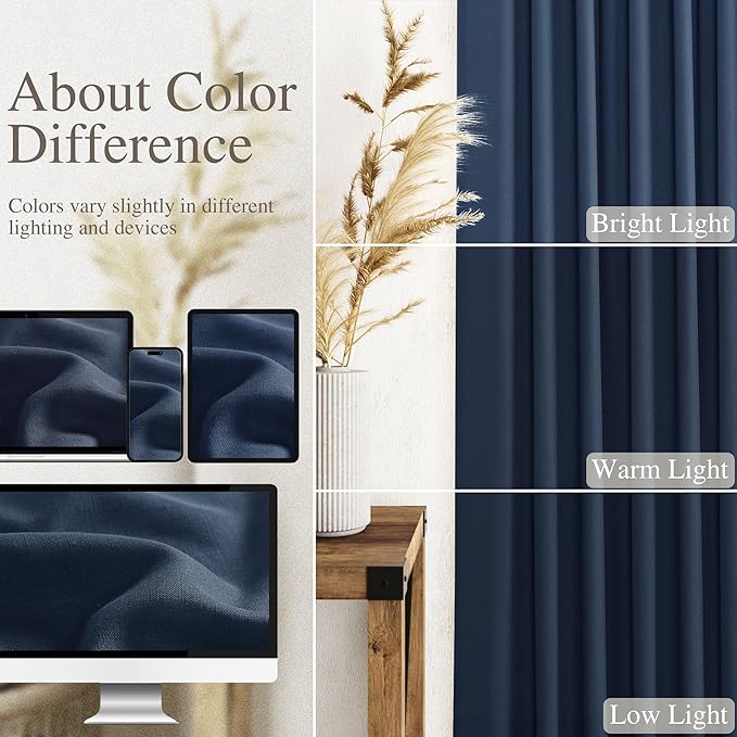 Nanspring Denim Blue Linen Curtains 96 Inches Long 2 Panels Set for Living Room Rod Pocket Back Tab Semi Sheer Light Filtering Protect Privacy Denim Blue Curtain for Bedroom Floor Length 52x96