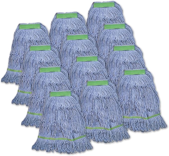 Super Clean Planet Heavy Duty Mop Head Refill (12-Pack) – Industrial Blue Cotton, Looped-End Wet Mop Heads for General, Commercial, Janitorial & Floor Cleaning